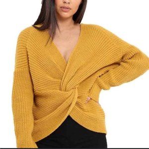 Mustard Yellow Knit Twist Front V-neck Wool Blend Jumper Sweater size ~L
